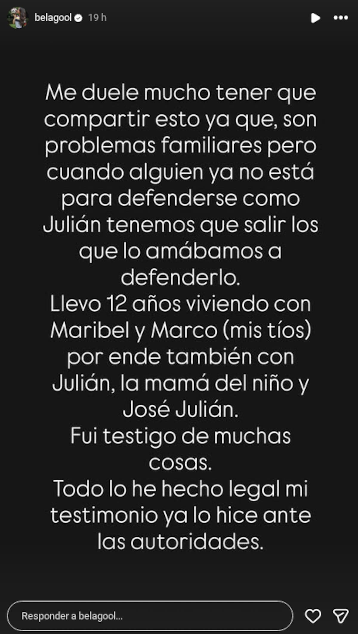 Sobrina de Maribel Guardia revela presuntos episodios de violencia entre Julián Figueroa e Imelda Garza Tuñón | captura de pantalla IG (@belagool)