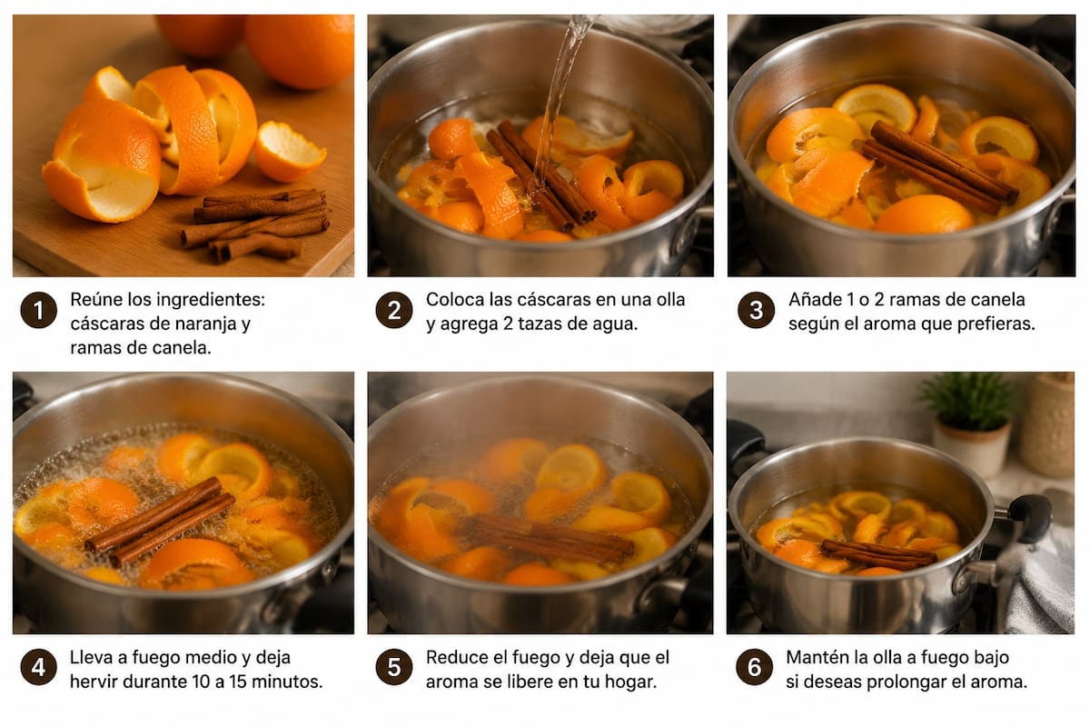 Paso a paso para preparar una mezcla tradicional con cáscaras de naranja y canela utilizada como aromatizante natural. | Imagen hecha con IA de ChatGPT