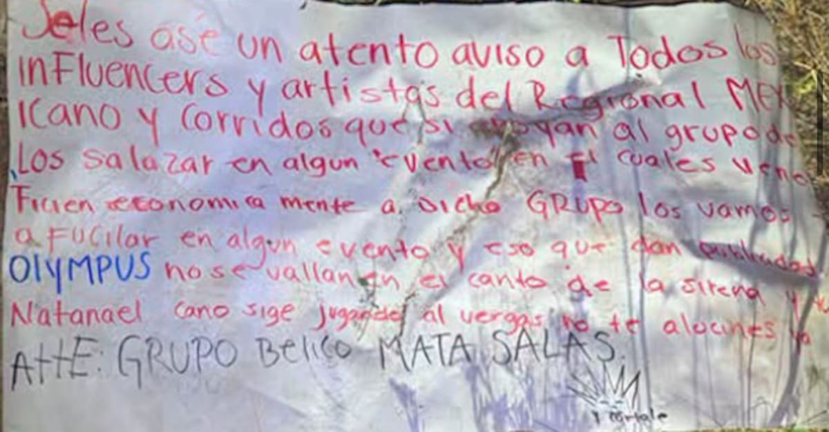 Narcomanta que mencionó a Natanael Cano.: FGJES
