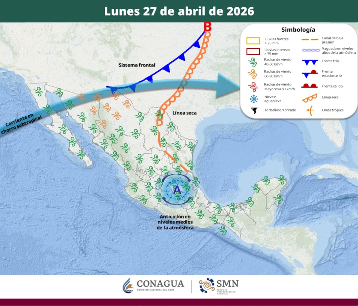 Pronóstico del clima para el lunes 27 de abril del 2026. | Crédito: SMN