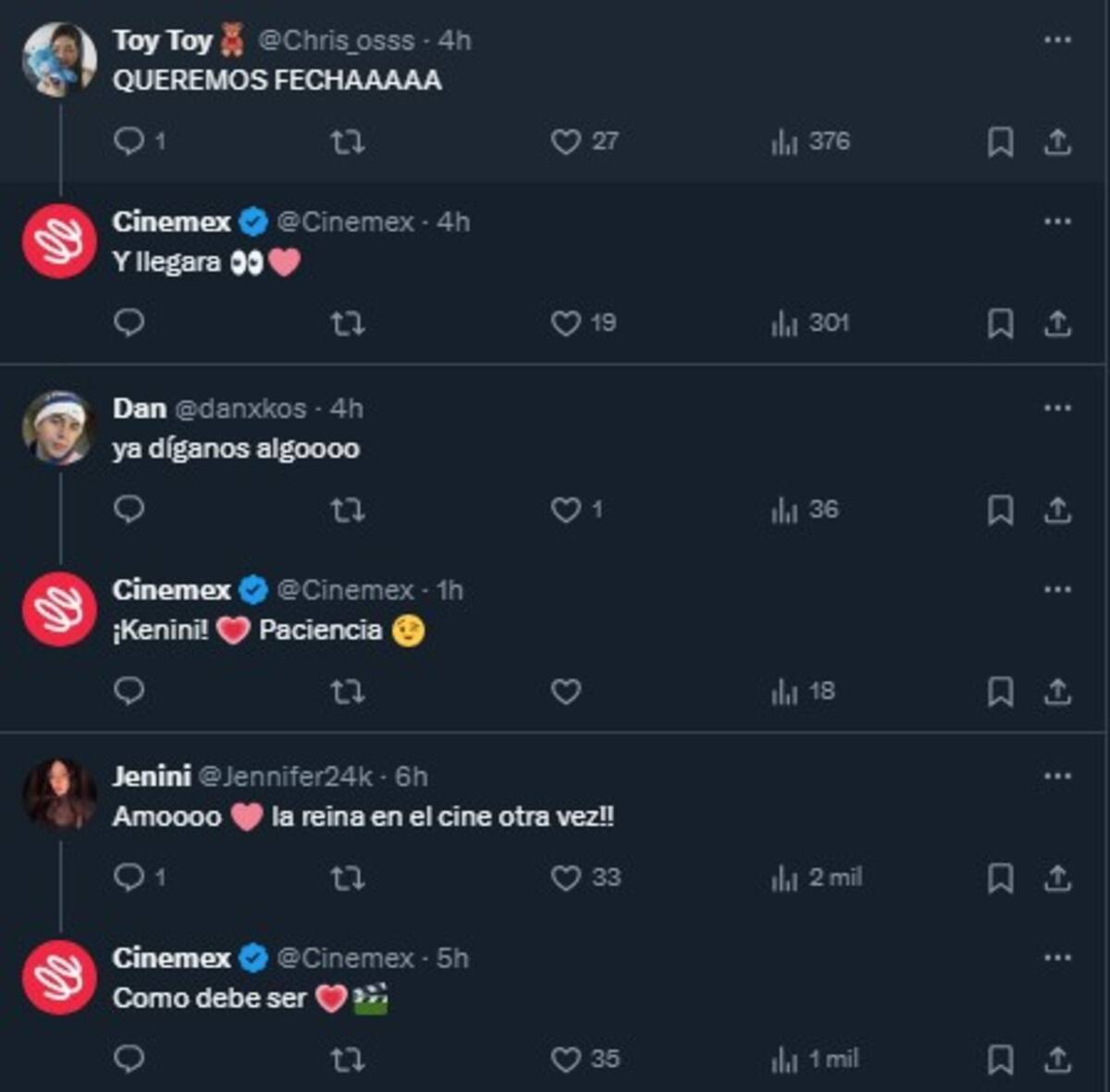 Los “keninis” están emocionados por ver a Kenia Os en el cine otra vez/ Cuenta de X: @Cinemex