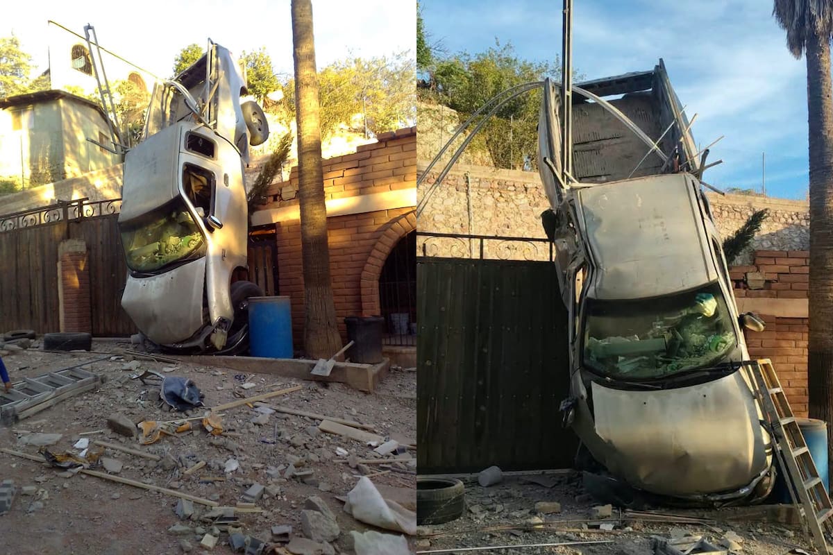 Pickup cae sobre una casa en la Colonia Leandro Valle de Nogales; conductor de 66 años fue detenido