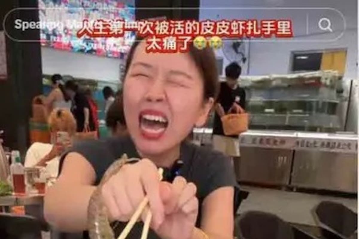 Influencer en China sufre inesperado ataque de camarón durante grabación de comida