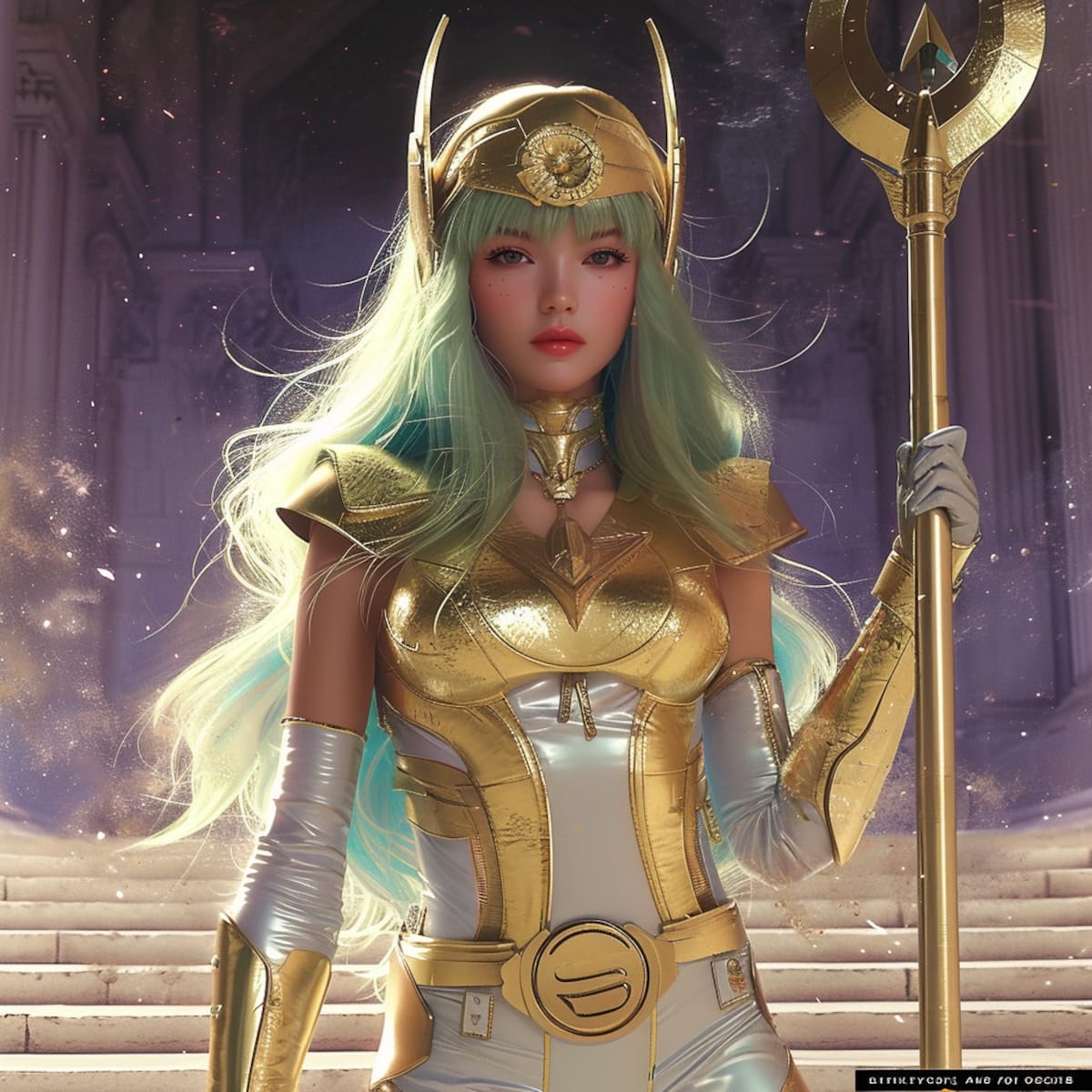Saori Kido, la diosa Athena, despliega su poder con un escudo dorado, líder de los Saints en la próxima Guerra Santa.