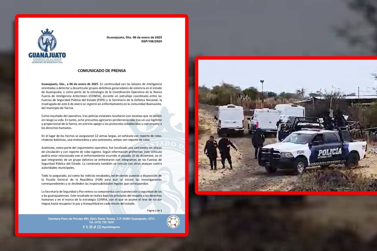 Enfrentamiento armado durante operativo deja ocho abatidos y tres policías heridos en Guanajuato