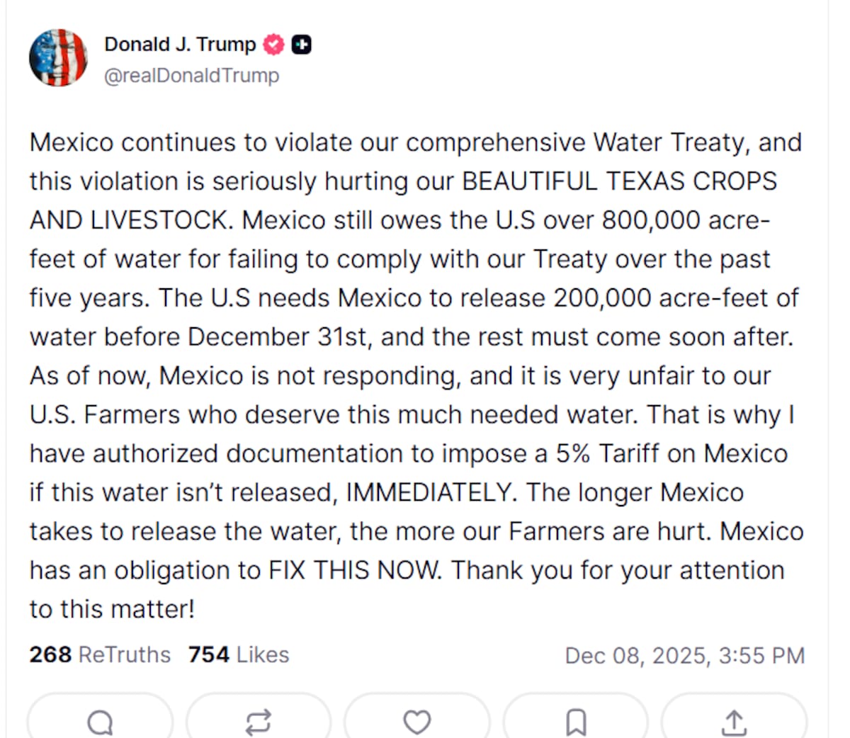 Trump acusa a México de violar Tratado de Aguas a través de una publicación en redes sociales. | Captura de video