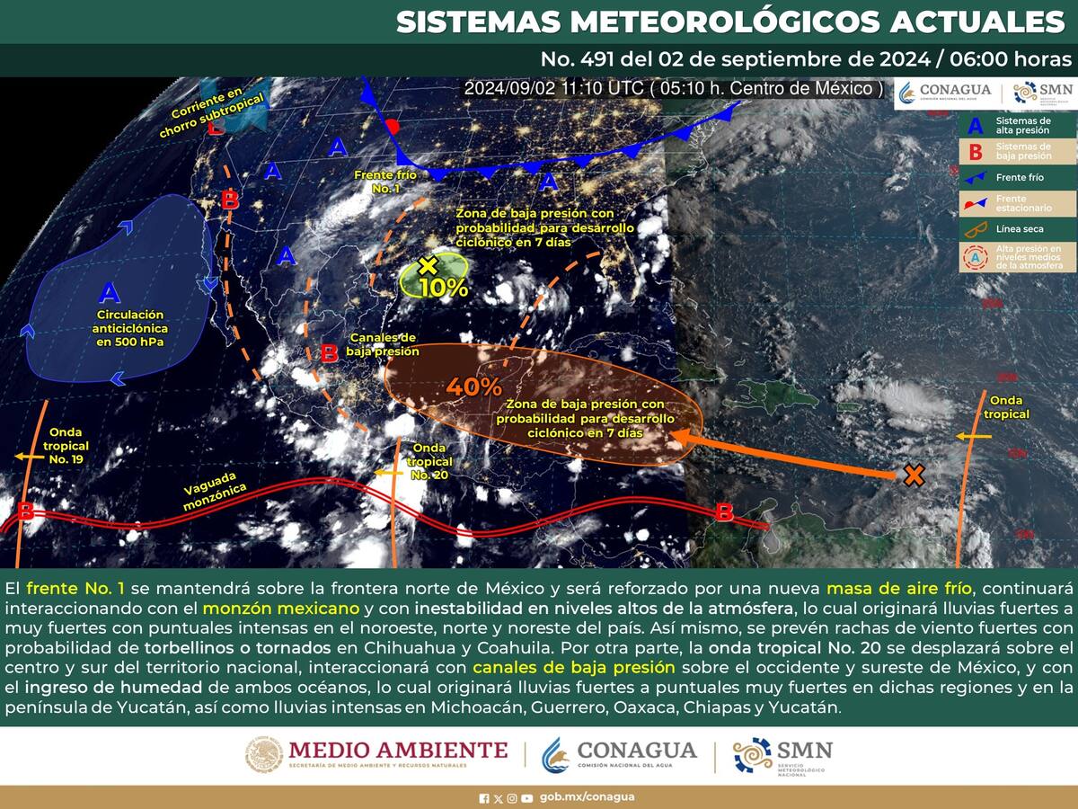 Clima hoy 2 de septiembre. Foto: Conagua