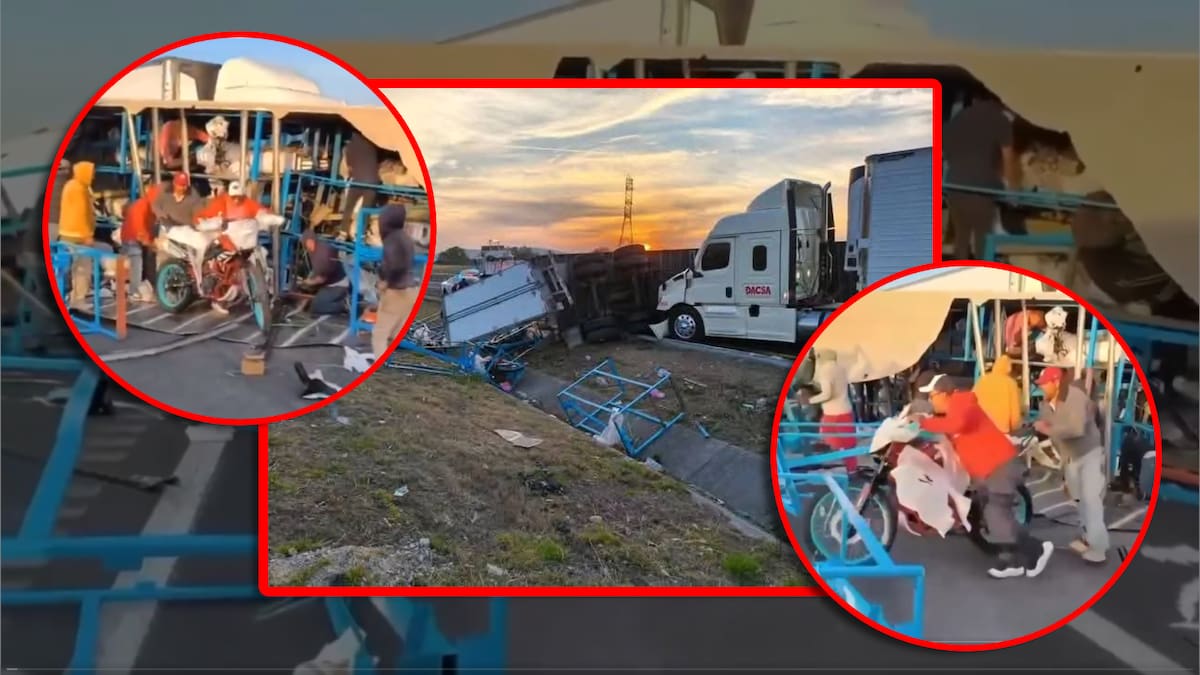 VIDEO: Vuelca trailer cargado de motocicletas en autopista Arco Norte y saqueos no se hacen esperar