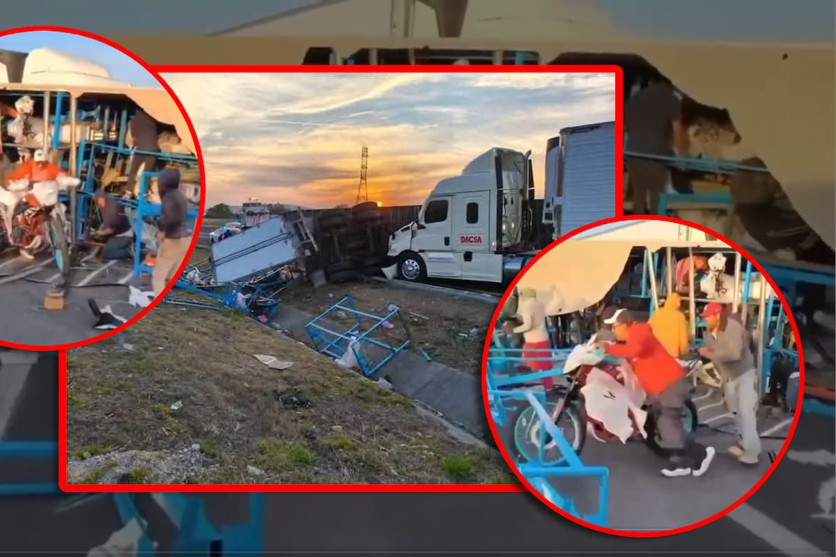 VIDEO: Vuelca trailer cargado de motocicletas en autopista Arco Norte y saqueos no se hacen esperar