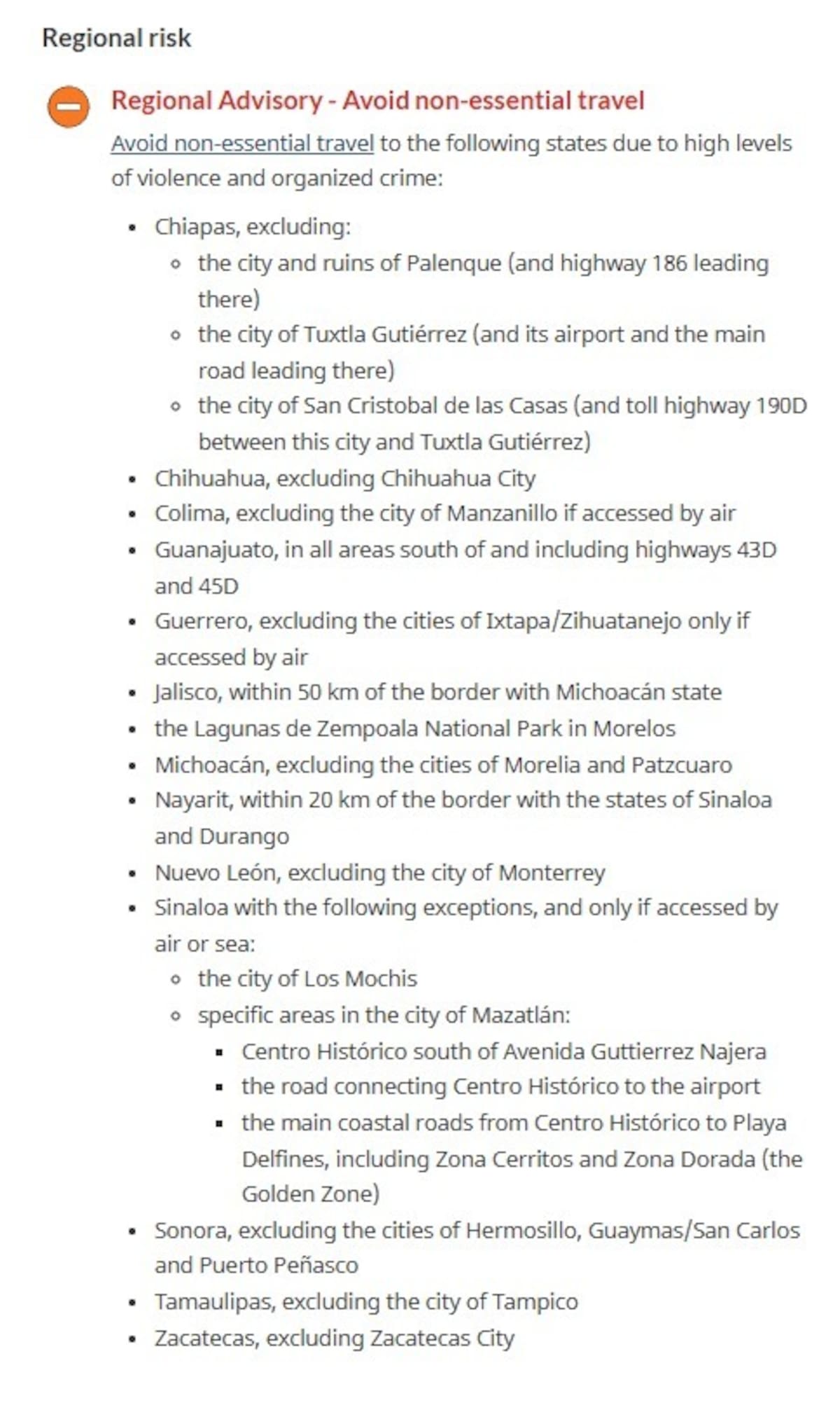 Canadá actualizó su aviso de viaje para advertir sobre riesgos de violencia y delincuencia organizada en 13 estados de México.