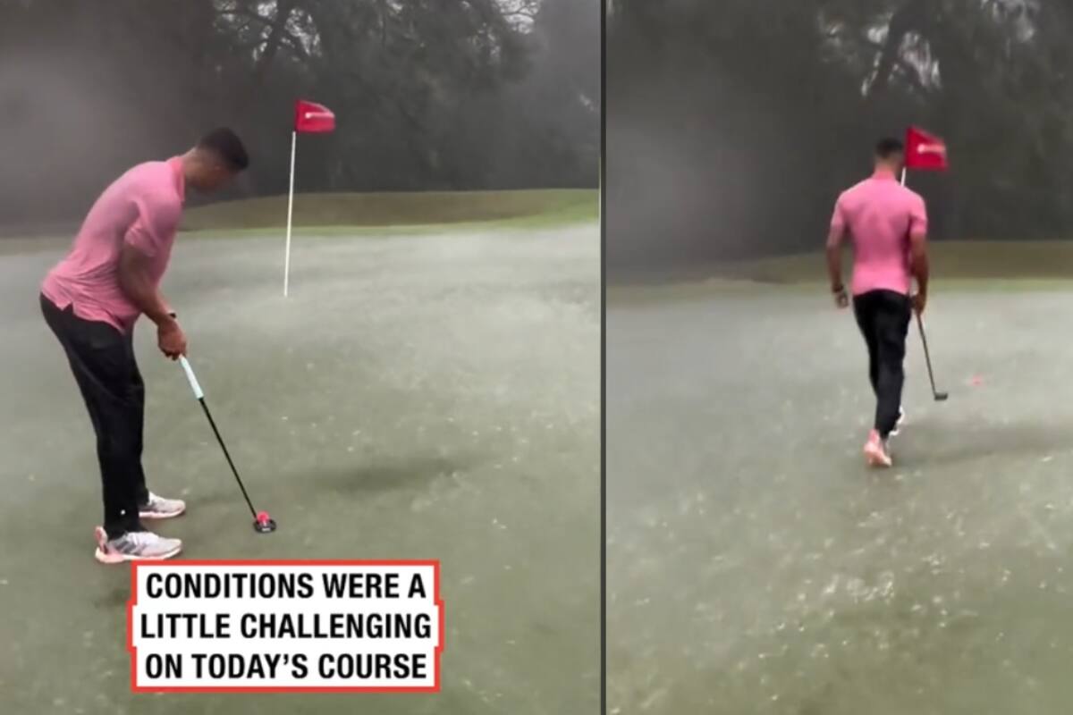 Un chico se vuelve viral al continuar jugando golf a pesar de las intensas lluvias y el mal clima