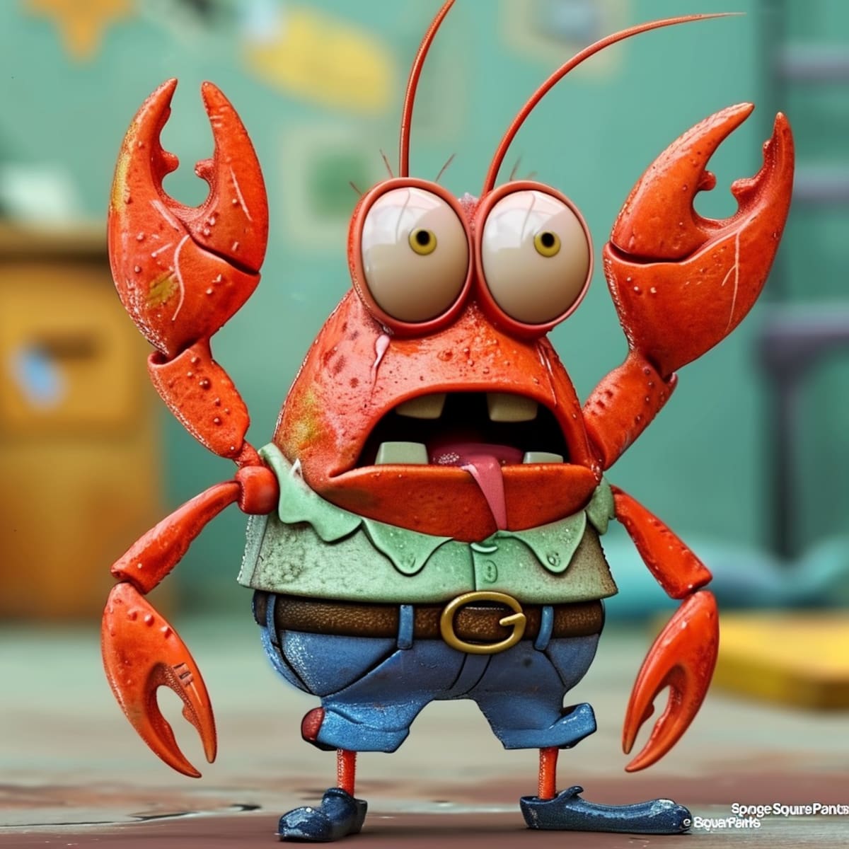 Don Cangrejo según la IA: Pantalones azules y gestos sorprendentes.
