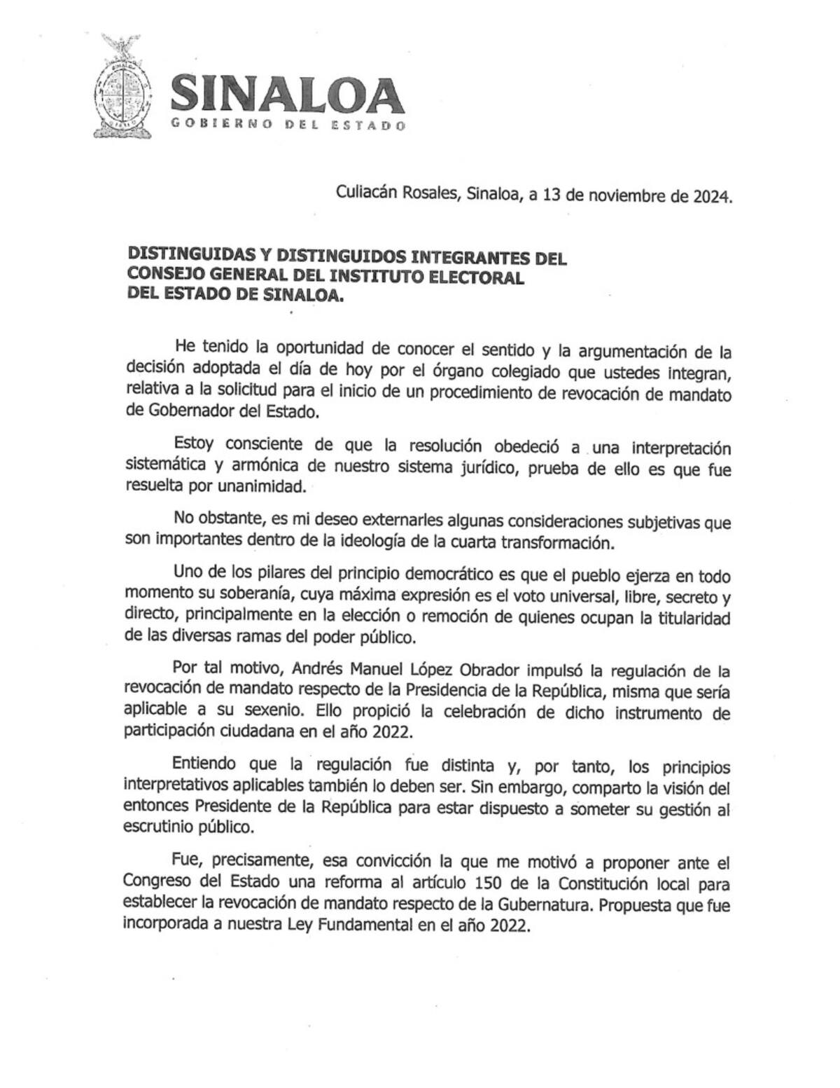 El gobernador de Sinaloa compartió su solicitud al IEES en su cuenta de X.