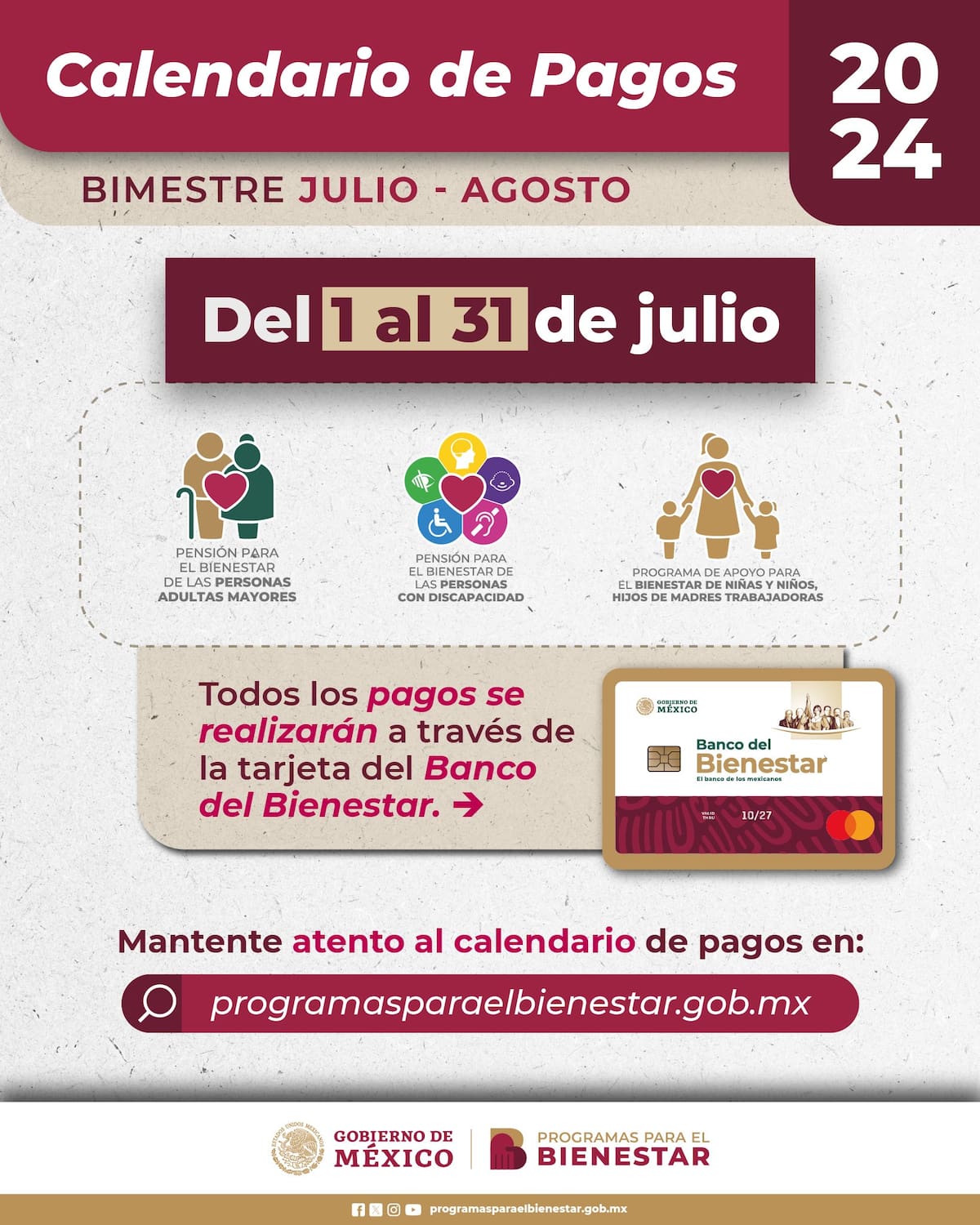 Entre el 1 y el 31 de julio se entregará el pago de 6 mil pesos a los adultos mayores, correspondiente al bimestre julio- agosto