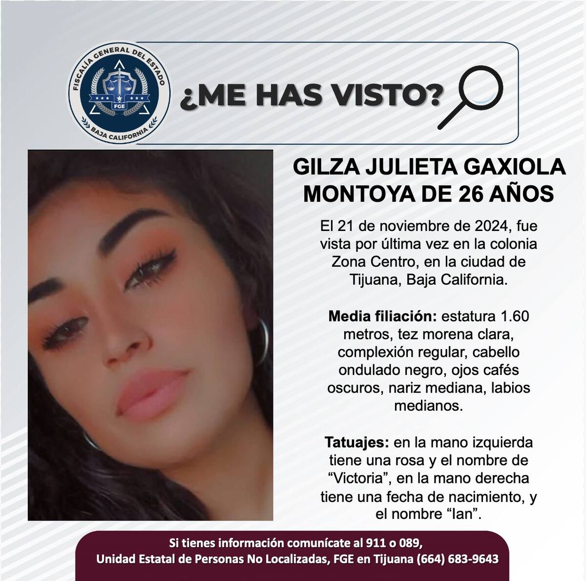 Gilza Julieta Gaxiola Montoya fue vista por última vez el 21 de noviembre de 2024.