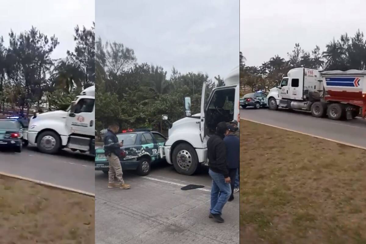 VIDEO: Trailero no se detiene para revisión y se lleva patrulla con policías dentro en Veracruz