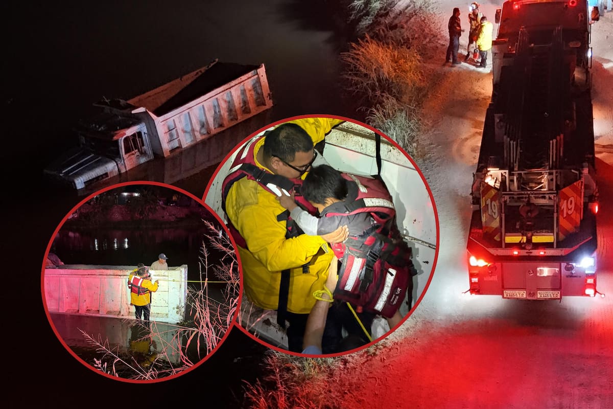 Rescatan con vida a padre e hijo tras caer camión al Canal Bajo, en Cajeme
