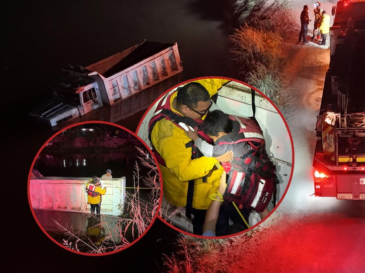 Rescatan con vida a padre e hijo tras caer camión al Canal Bajo, en Cajeme