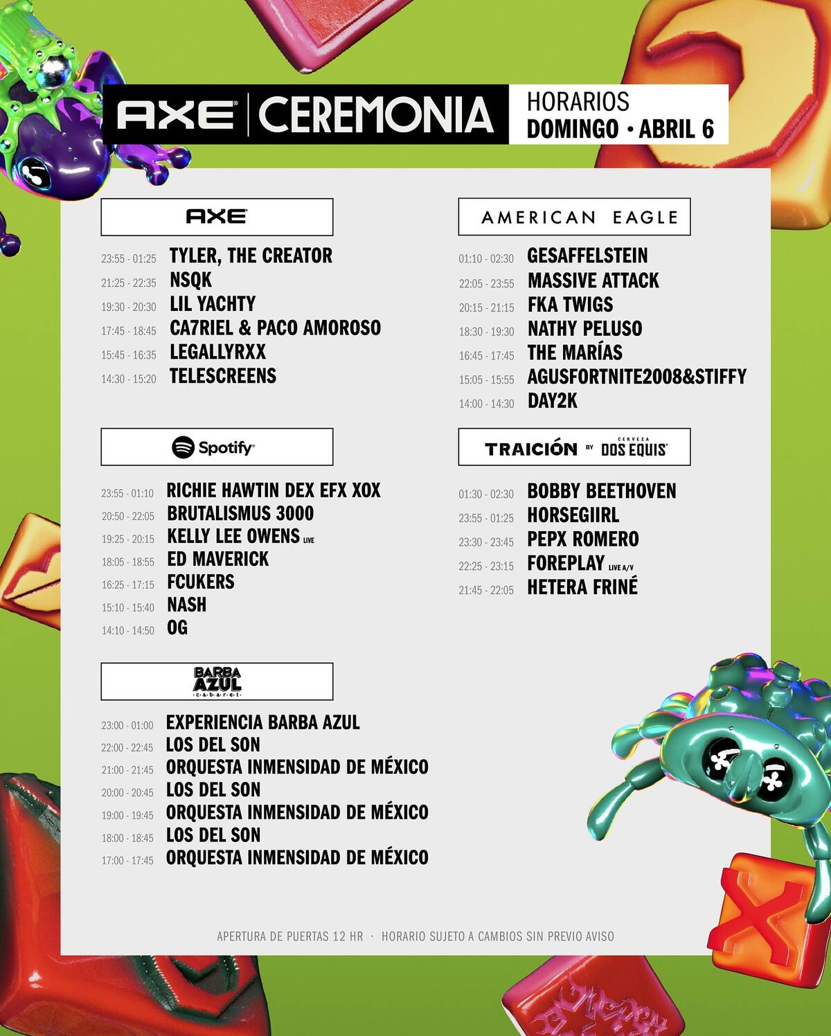 AXE Ceremonia, horarios domingo 06 de abril / Cuenta de X: Instagram @axeceremonia