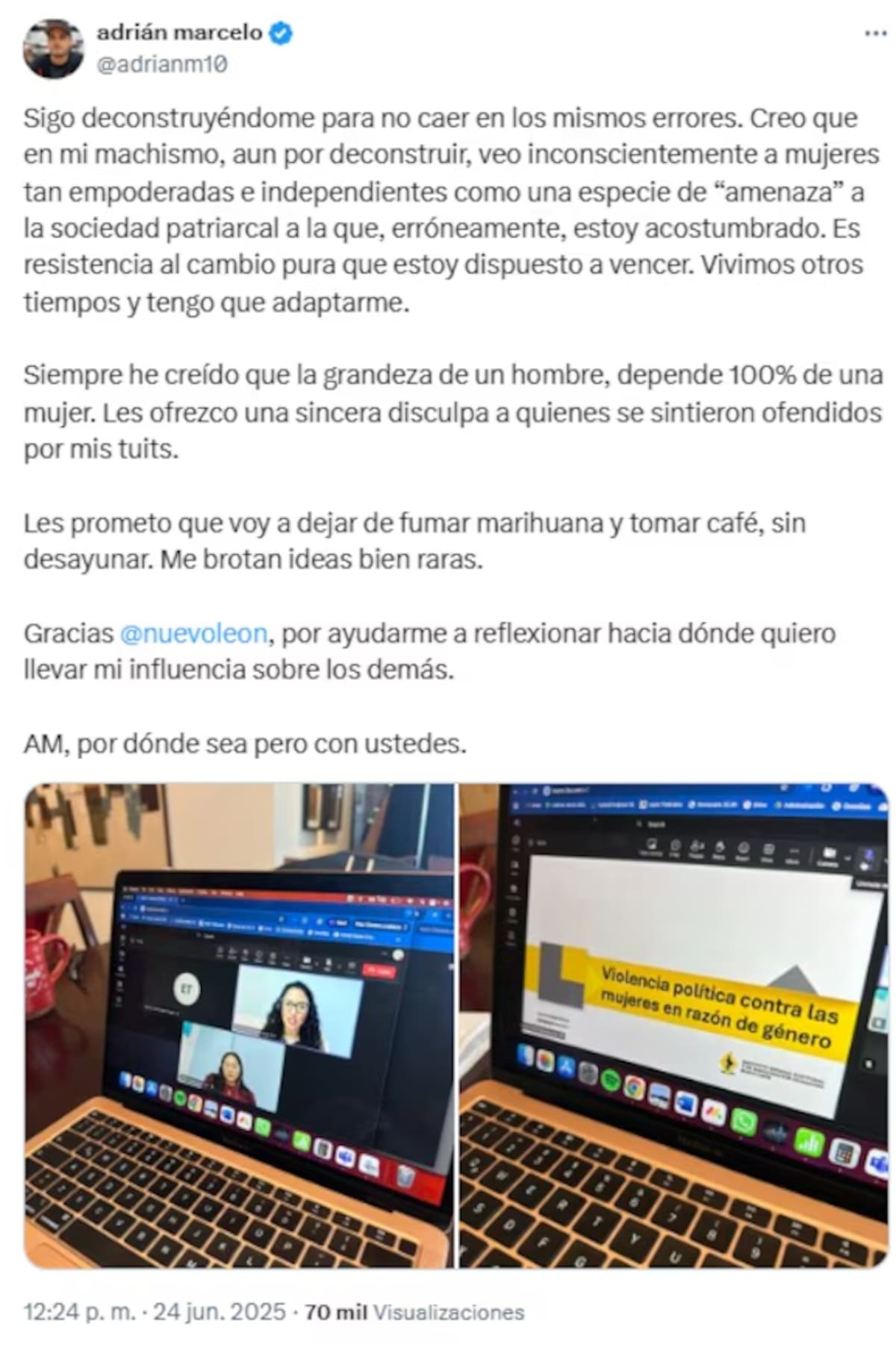 "Violencia política contra las mujeres en razón de género" es el curso que Adrián Marcelo tomó tras insultar a Belinda.