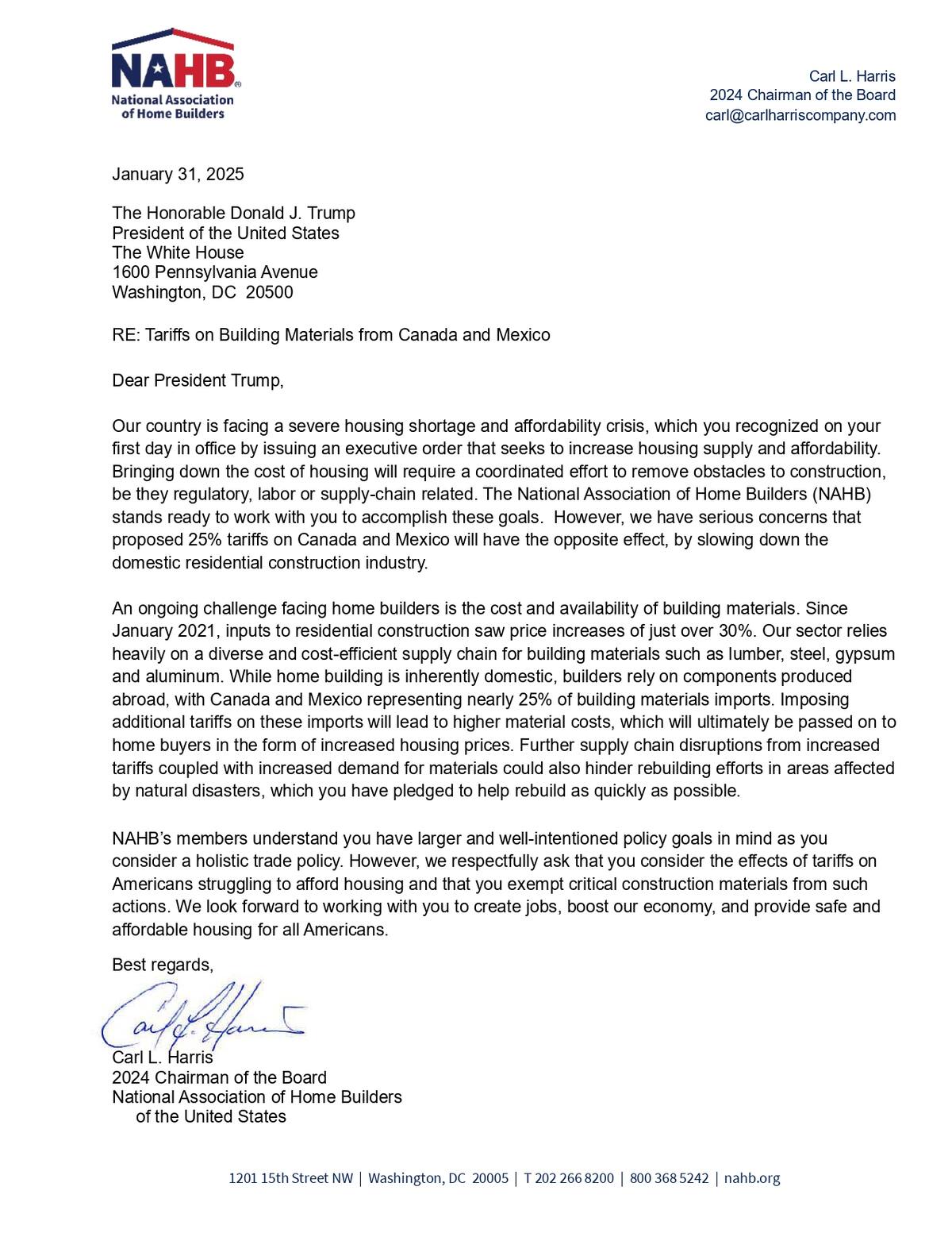 Carta de National Association of Home Builders a Donald Trump