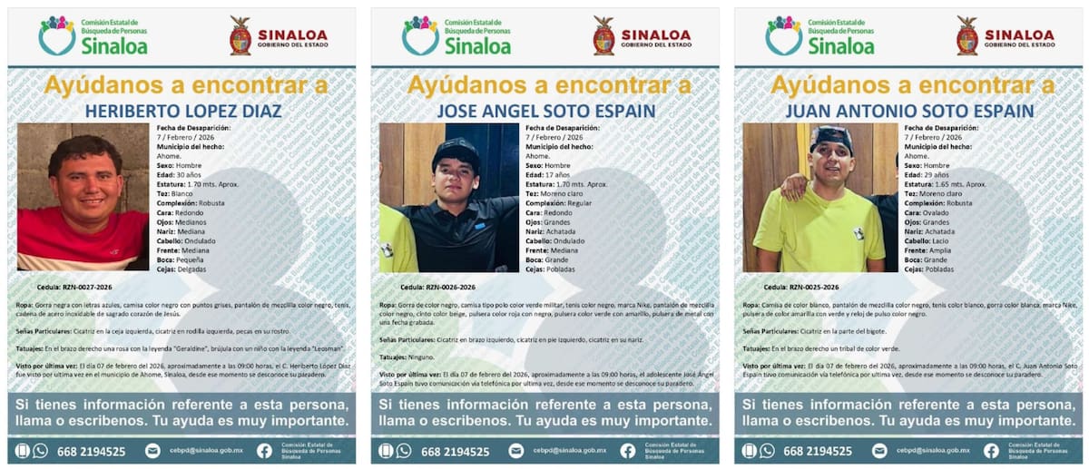 Jóvenes desaparecidos en Sinaloa. Foto: Heraldo de México, Gobierno de Sinaloa