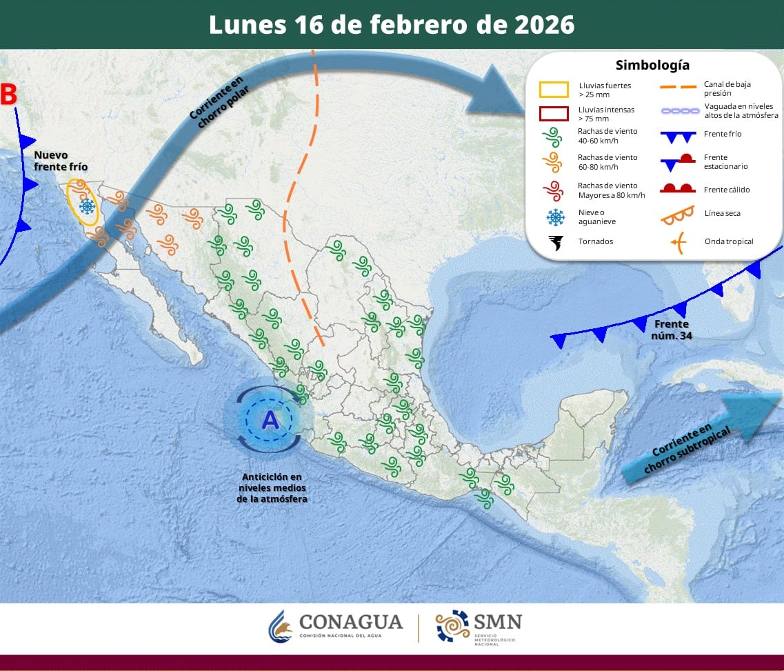 Pronóstico del clima para el lunes 16 de febrero del 2026. | Crédito: SMN