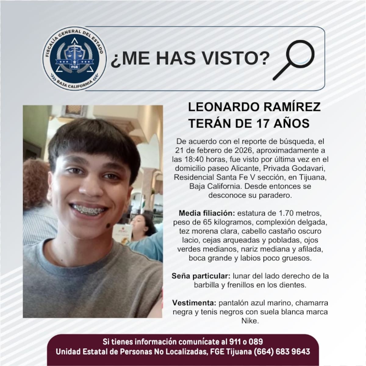 Fue visto por última vez el 21 de febrero de 2026.