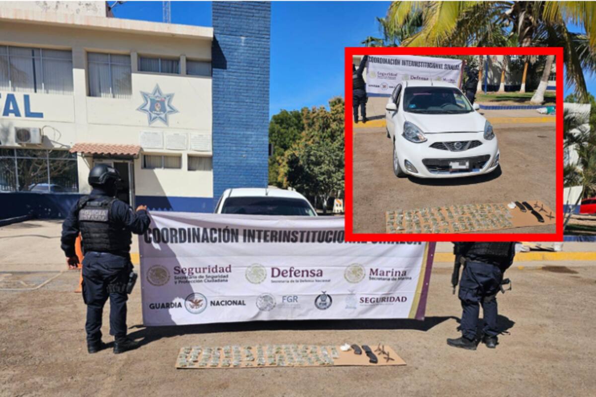 Aseguran vehículo con cargadores, presunta droga y puntas de acero en Culiacán, Sinaloa