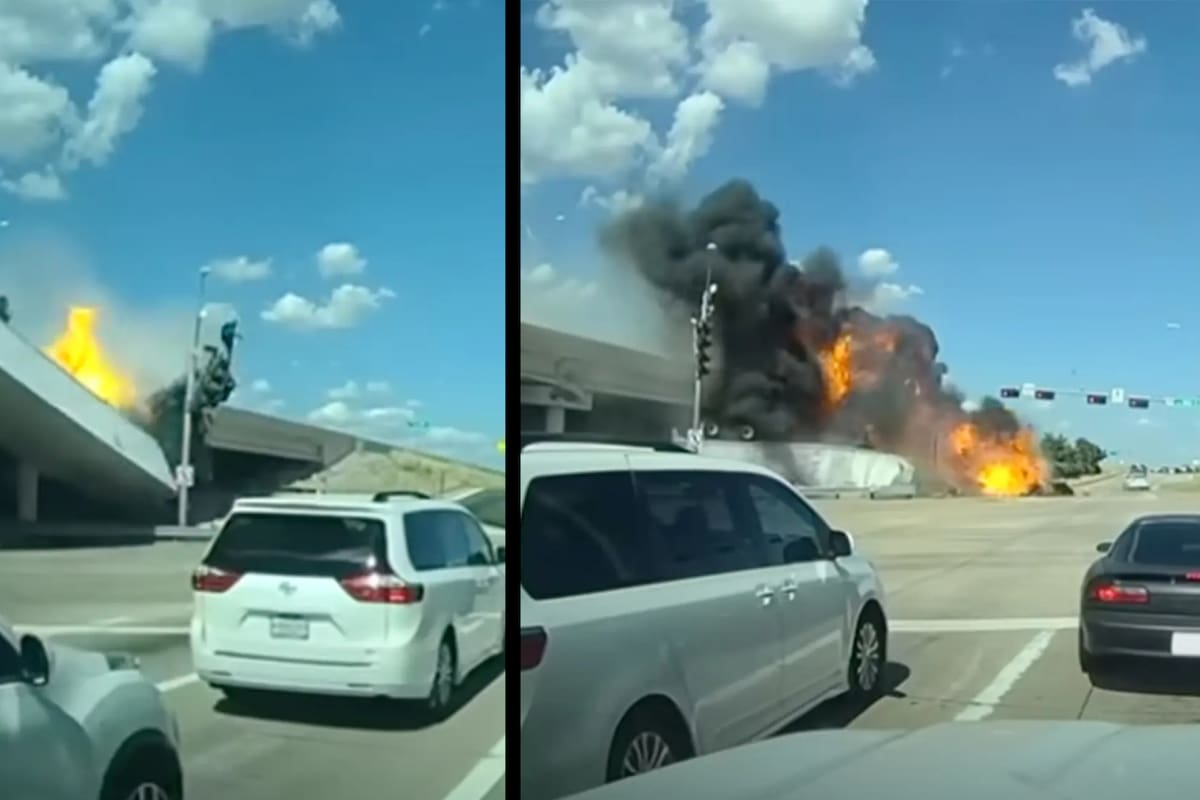 VIDEO: Muere conductor de tráiler tras volcamiento desde un paso elevado de Texas; el camión salió "volando" del camino y estalló en llamas