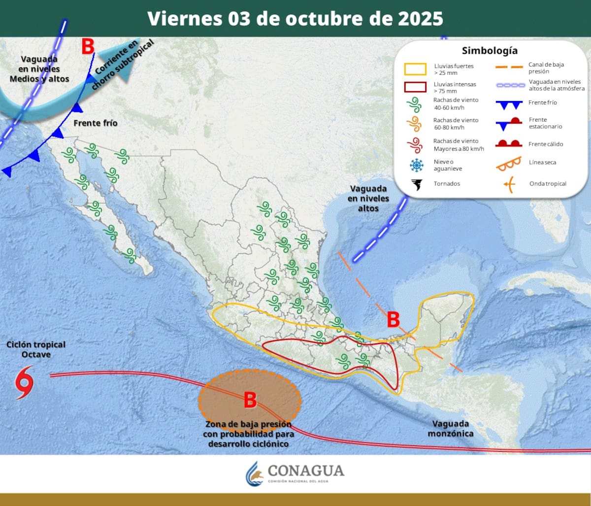 Paralelamente, se espera la llegada de un frente frío al noroeste del país, generando vientos fuertes en Baja California.