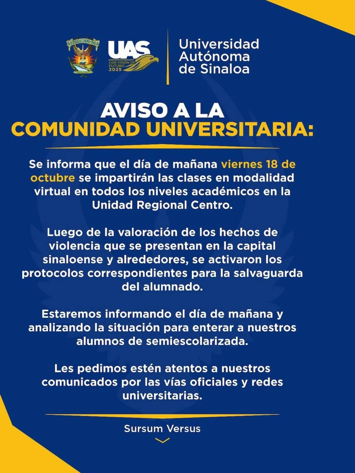 Comunicado oficial de la UAS