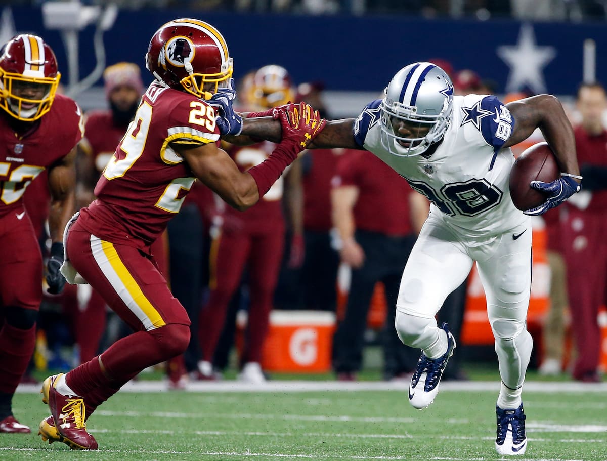 Washington Redskins cornerback Kendall Fuller (29) attempts to stop Dallas Cowboys wide receiver Dez Bryant (88) from gaining extra yardage after catching a pass in the first half of an NFL football game, Thursday, Nov. 30, 2017, in Arlington, Texas. (AP Photo/Ron Jenkins)
