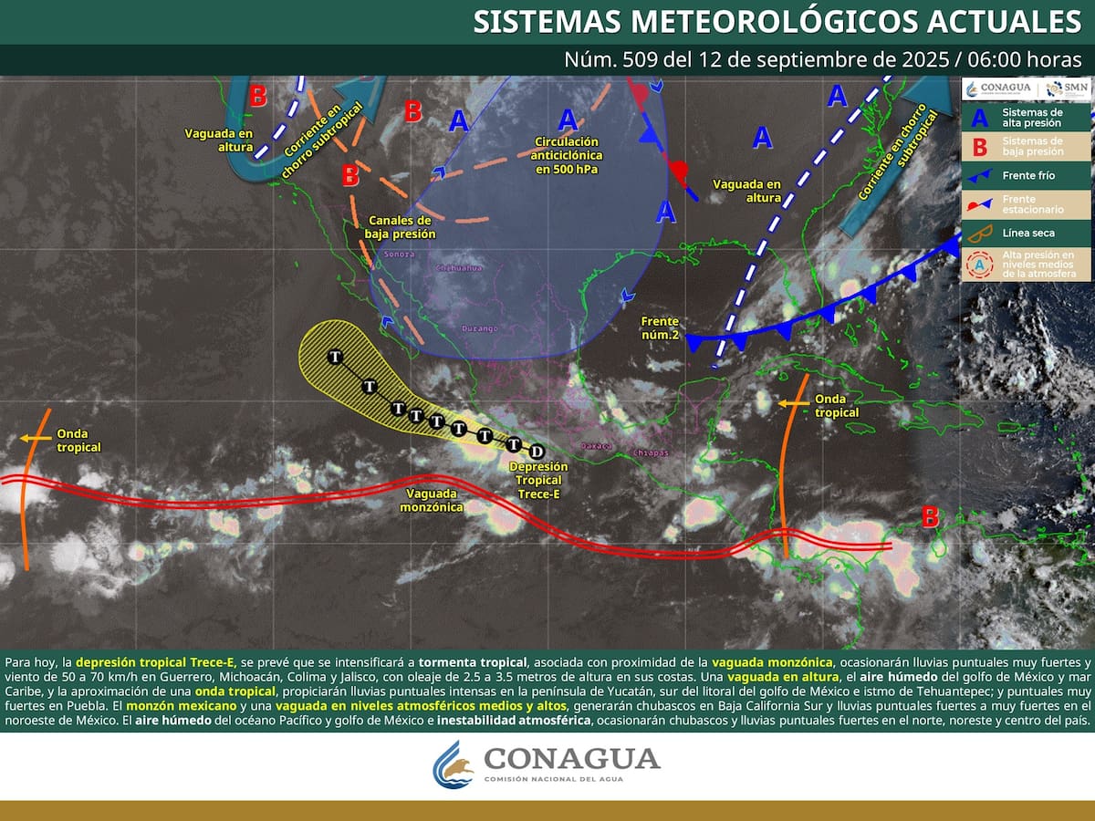 Clima en México hoy 12 de septiembre: lluvias, calor y alertas por depresión tropical. | Crédito: SMN