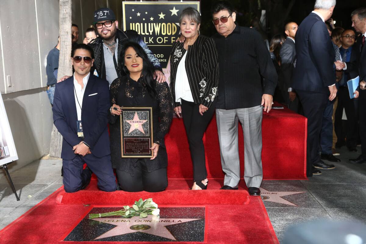 HOLLYWOOD, CA - NOVEMBER 03: Chris Perez, A.B. Quintanilla III, Suzette Quintanilla, Marcella Samora and Abraham Quintanilla Jr. attend a ceremony honoring Selena Quintanilla with a star on The Hollywood Walk Of Fame on November 3, 2017 in Hollywood, California. (Photo by Tommaso Boddi/WireImage)