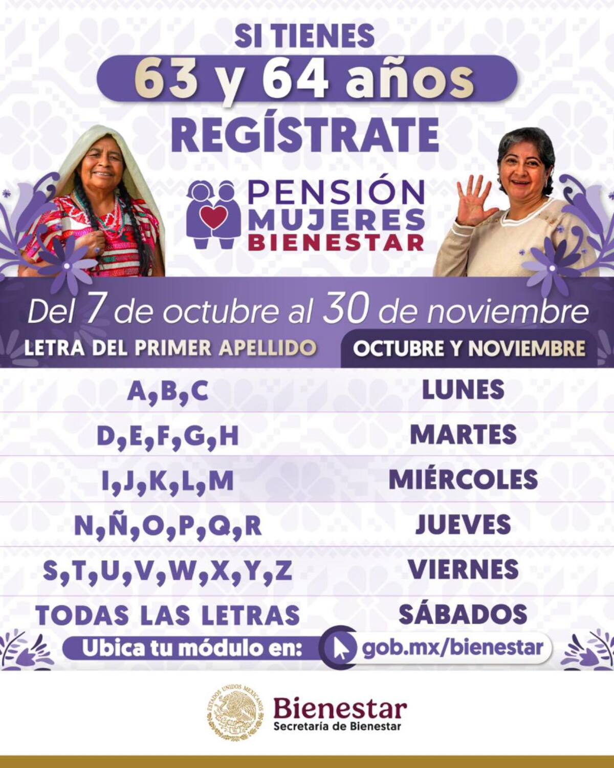 La Secretaría de Bienestar difundió un calendario, de acuerdo a la inicial del primer apellido para que las mujeres se registren en la Pensión del Bienestar