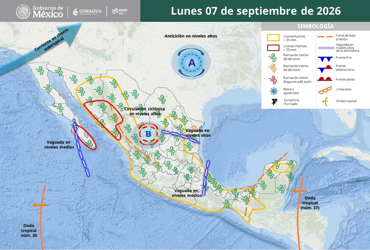 Pronóstico del clima para el lunes 7 de septiembre del 2026. | Crédito: Conagua