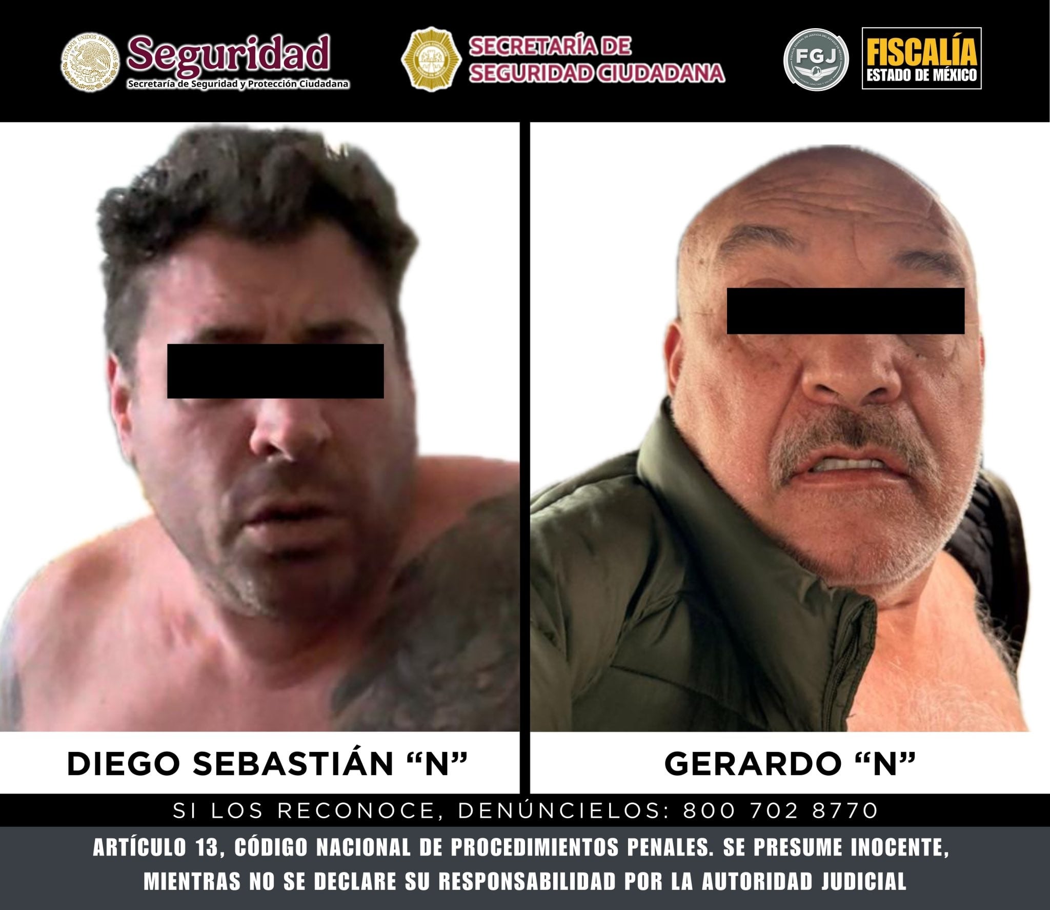 Diego Sebastián “N” y Gerardo “N” fueron imputados por su presunta participación en el multihomicidio de Jonathan Meléndez, su esposa Ana Paula, su hija de tres años y Aleyda Romero. | Crédito: X @FiscaliaEdomex