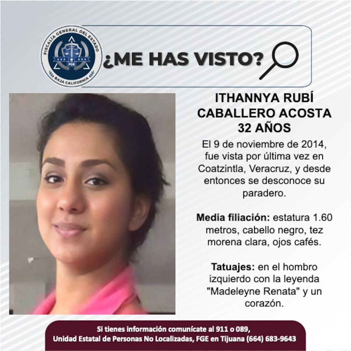 Ithannya Rubí Caballero Acosta fue vista por última vez el 9 de noviembre de 2014.