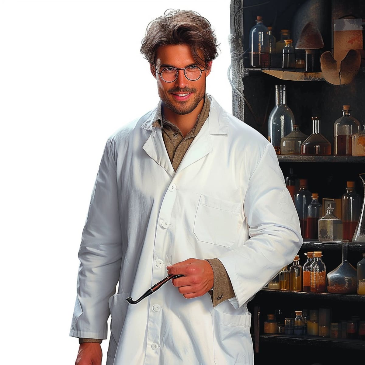 El Profesor Utonio cobra vida con elegancia en la visión de la inteligencia artificial, enfundado en una bata blanca y rodeado de misteriosos experimentos.