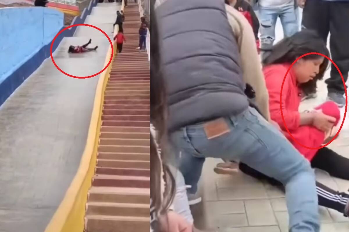 Madre se lanza con su hijo por una resbaladilla y la acusan de ponerlo en peligro