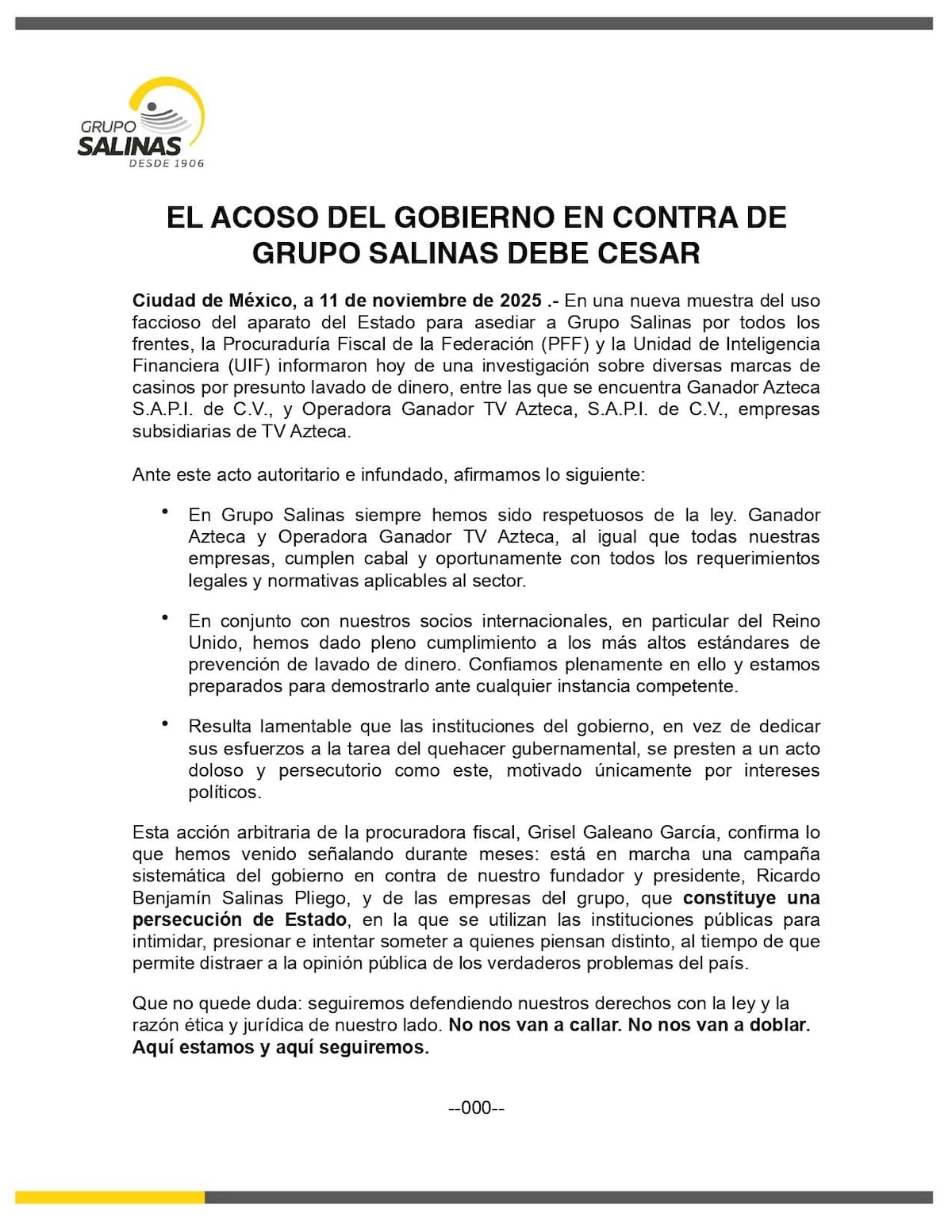Comunicado de Grupo Salinas. | Crédito: X @gruposalinas
