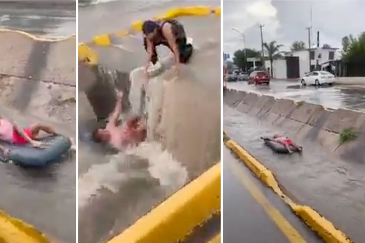 VIDEO: Arroyo se “traga” joven que paseaba en inflable en Delicias, Chihuahua