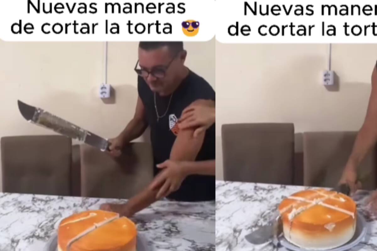 Hombre se vuelve viral por partir su pastel de cumpleaños con un machete frente a todos