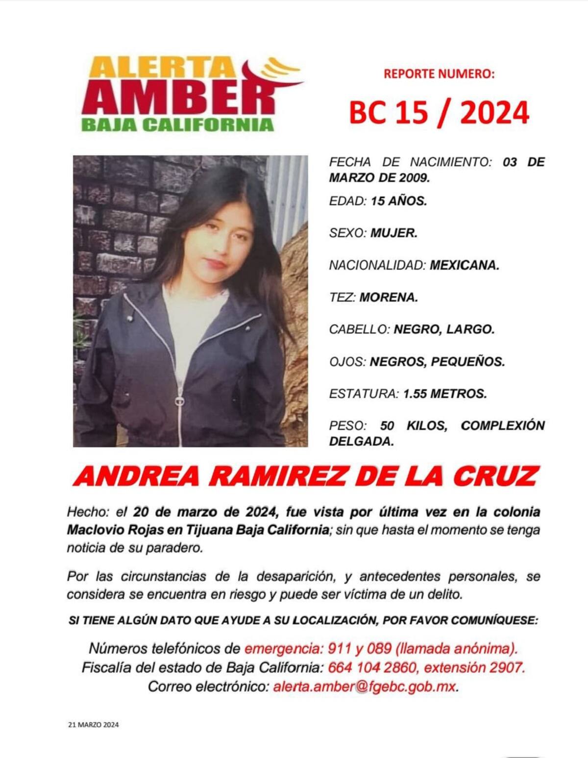 Alerta Amber de la menor Andrea Ramírez de la Cruz.