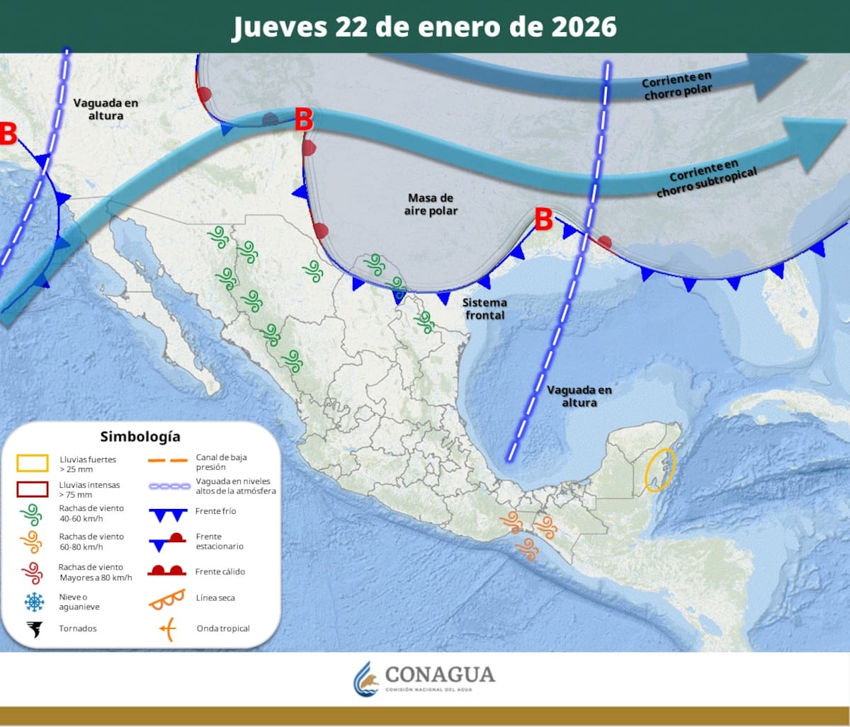Pronóstico del clima para el jueves 22 de enero del 2026. | Crédito: SMN