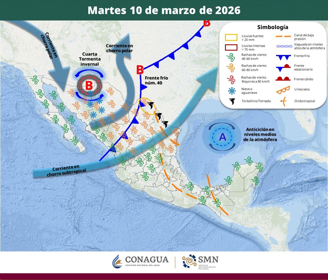 Pronóstico del clima para el martes 10 de marzo del 2026. | Crédito: SMN