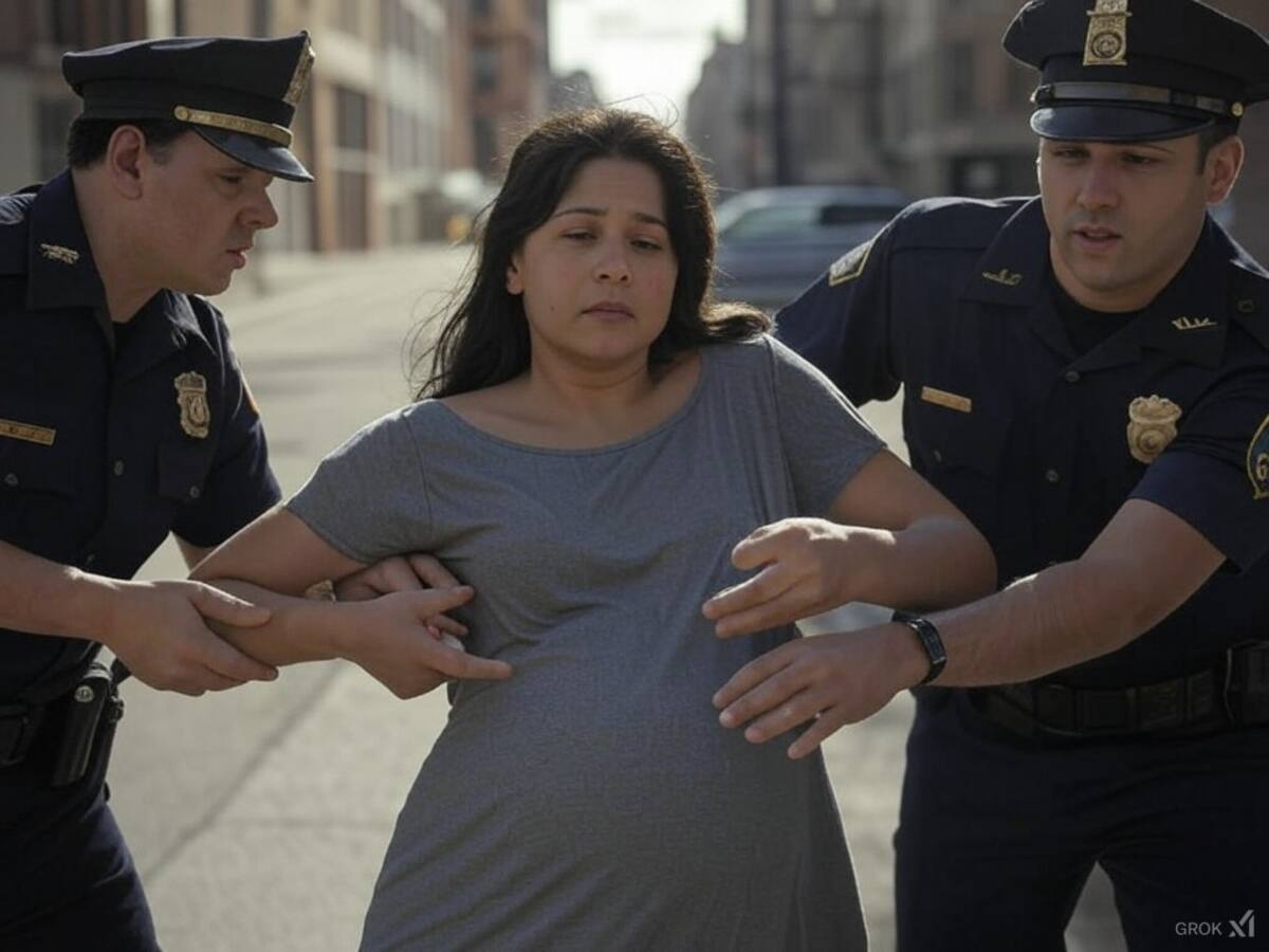 Imagen ilustrativa de una mujer embarazada recibiendo ayuda de policías hecha con IA (Grok).