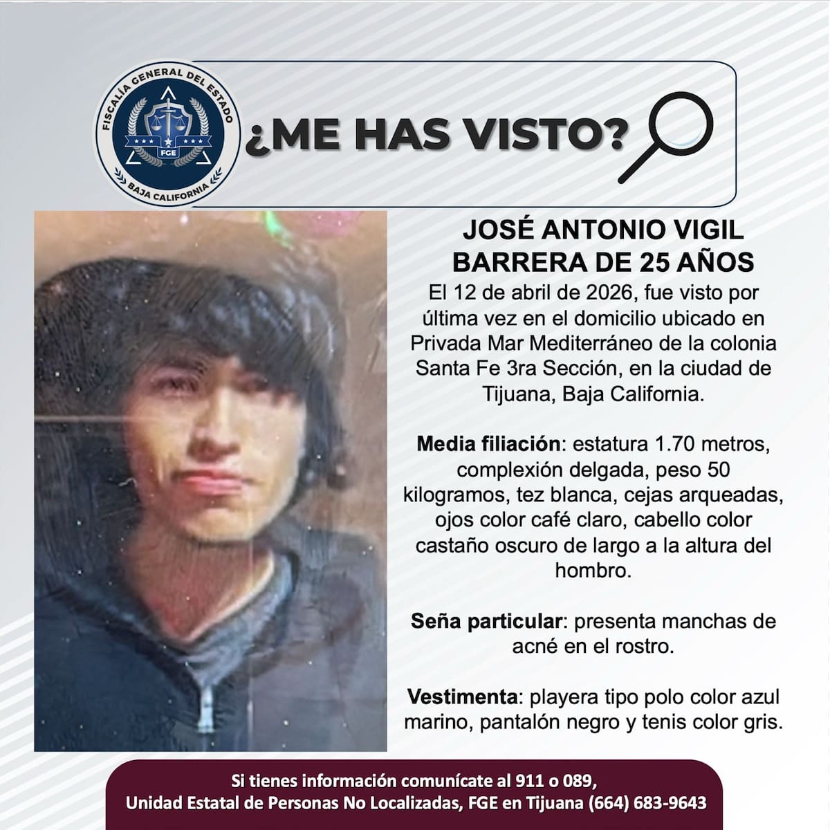 Fue visto por última vez el 12 de abril de 2026.