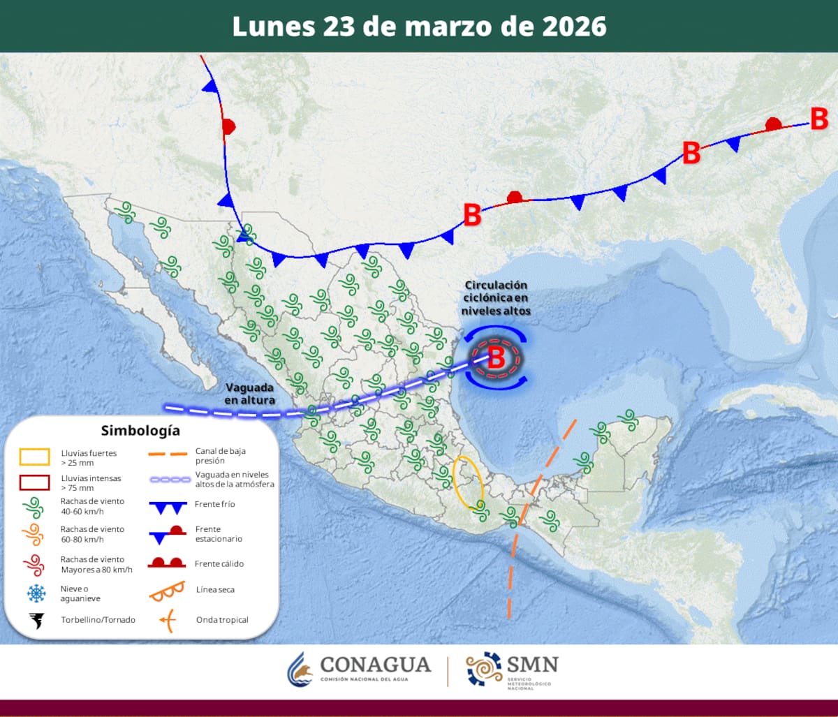 Pronóstico del clima para el lunes 23 de marzo del 2026. | Crédito: SMN